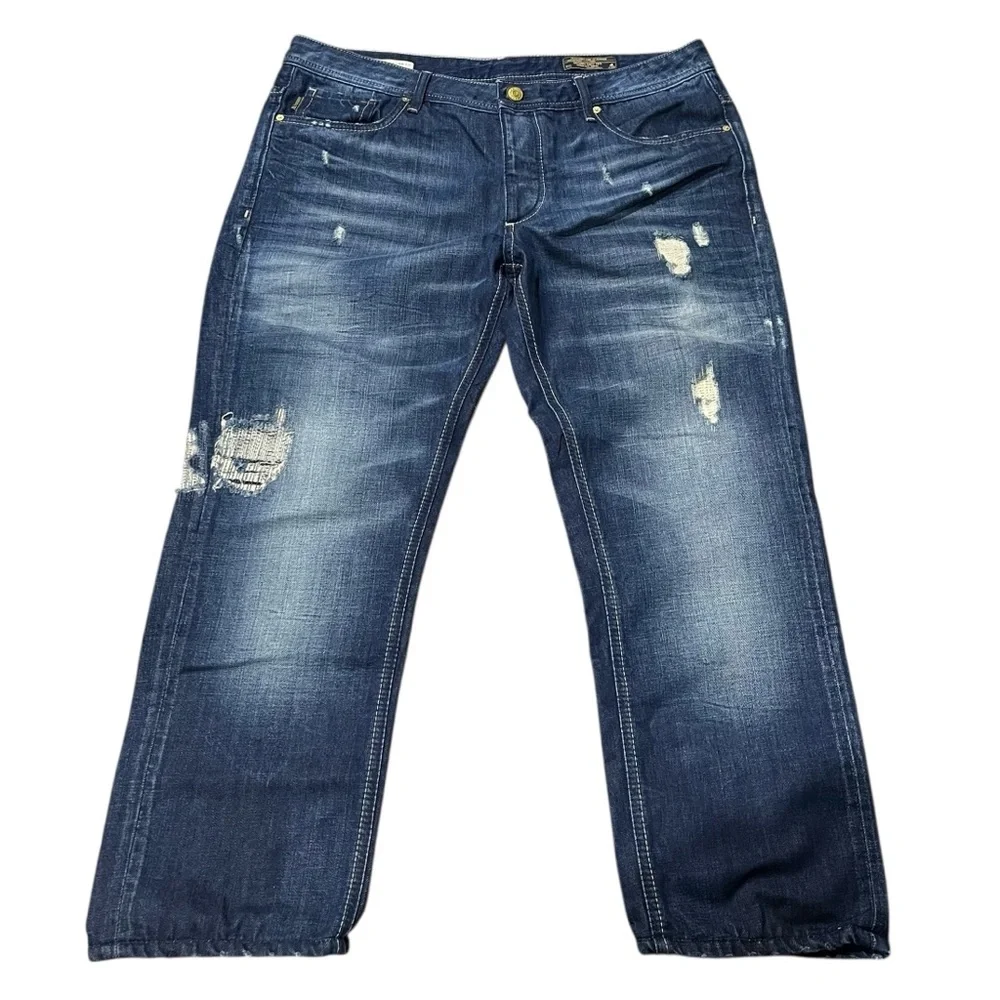 Jack & Jones Nick Jeans 38 x 27 Regular Fit Distressed Straight Leg Button Fly